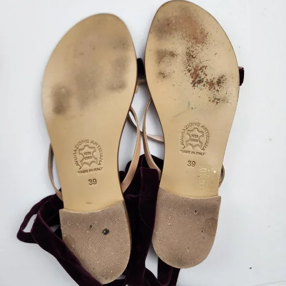 Bells & Becks Italy Velvet Leather Strappy Sandals Maroon Open Toe 8.5 Tie Ankle - Picture 7 of 8